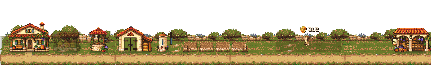 Buildings and fields of Sunny Slope, in the actual game art.